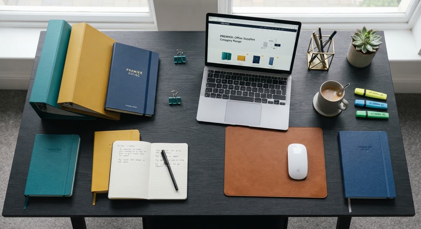 Modern desk with notebooks, laptop and office supplies