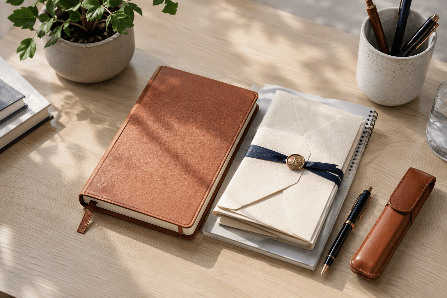Premium stationery flat lay with a Premier leather notebook, fountain pen and sealed correspondence